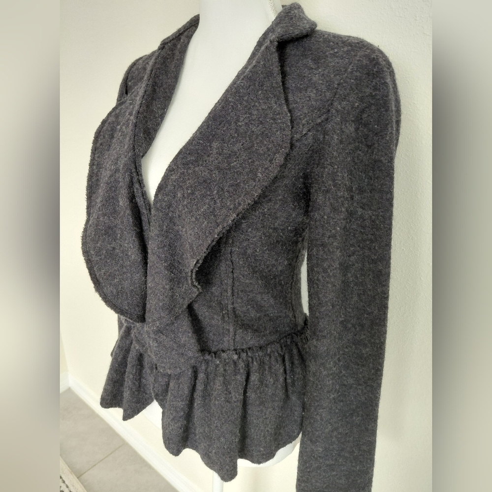 Cache 100% Wool Peplum Jacket Small Fitted Blazer Gray Draped Front Tailored - Picture 3 of 11